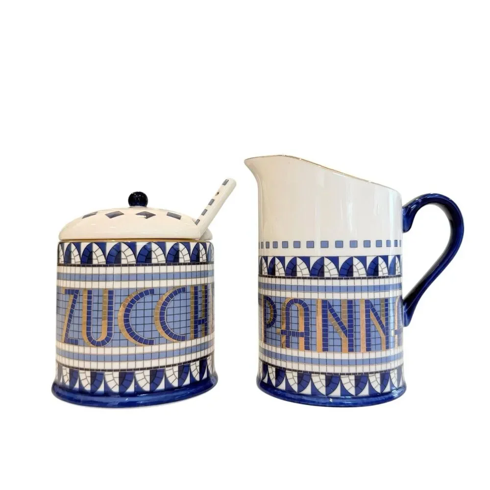 Anthropologie Bistro Tile Sugar Pot & Creamer Set Blue Gold Italia Stoneware NEW